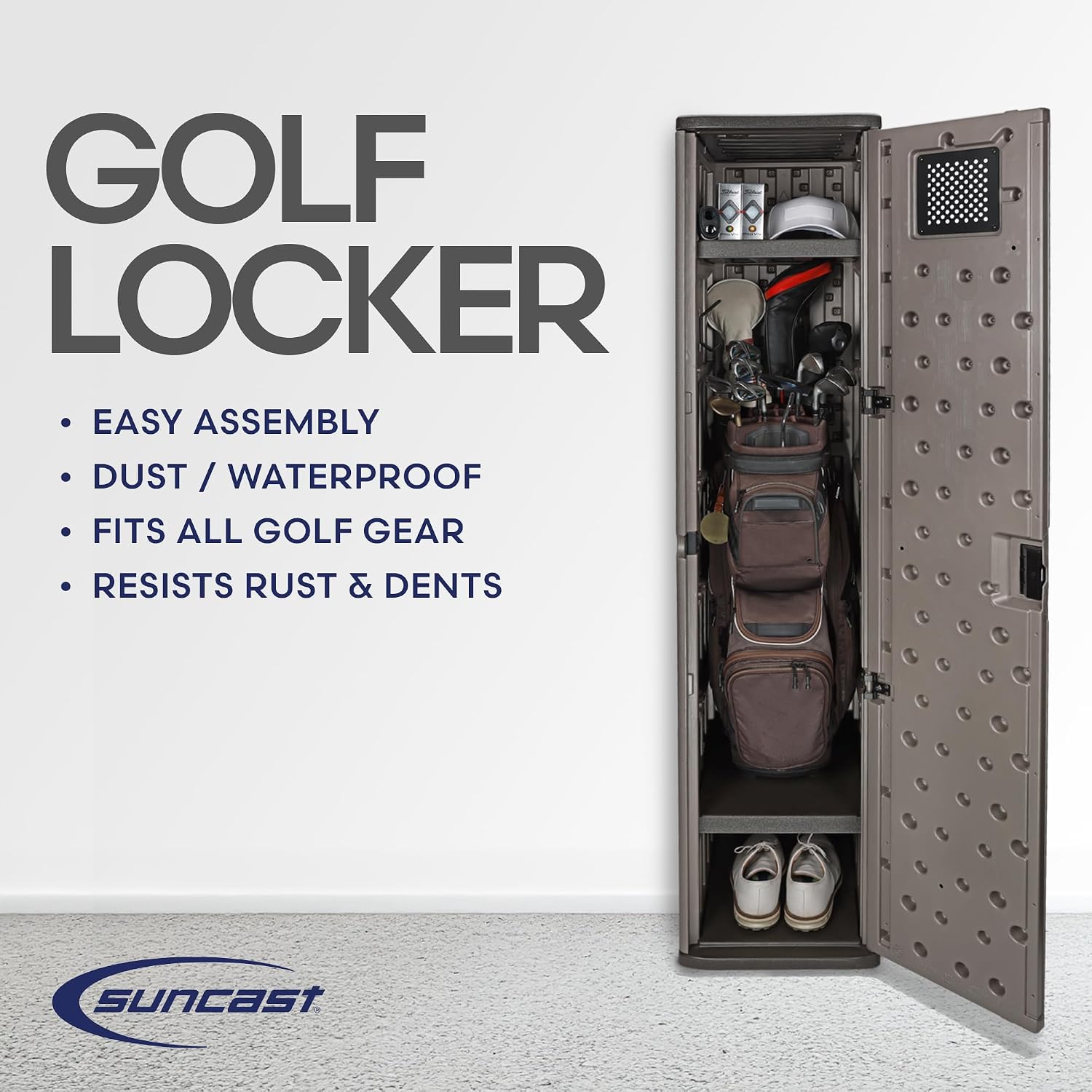 Suncast Garage and Golf Storage Organizer – Golf Rack and Bag Storage, Hall Tree with Shoe Cubby, Heavy-Duty Resin Locker Cabinet with Adjustable Shelves, Lockable, for Golf Equipment, Made in the USA