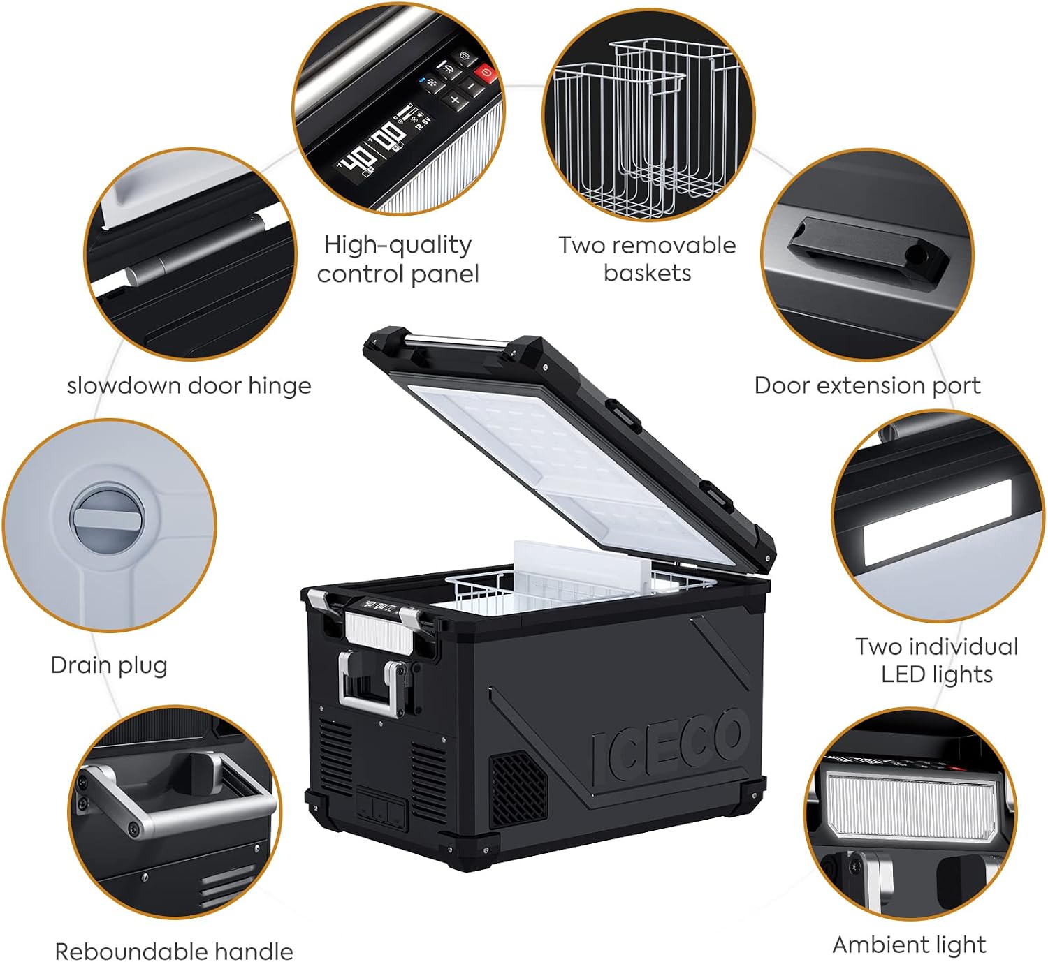 ICECO APL55 58 Quart Portable freezer Car Refrigerator with SECOP Compressor Dual Zone Cooler | AC 110V/ DC 12V | 0℉ to 50℉ | True Freezer for Car, Home, Camping, RV | With Cover | Black