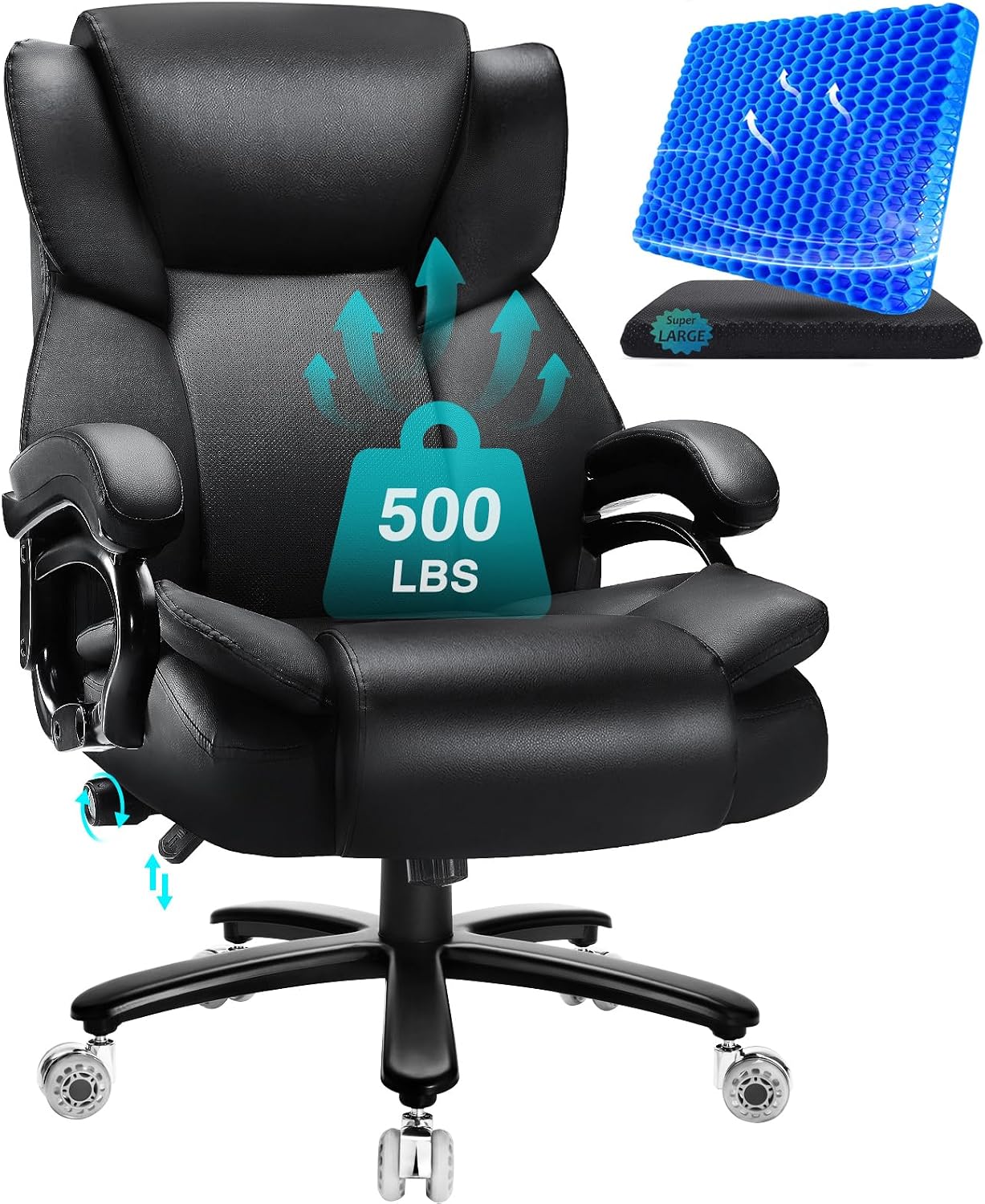 Indulgear 500lbs Big and Tall Office Chair with Gel Seat Cushion,Heavy Duty Office Chair for Heavy People, High Back Executive Computer Chair with Adjustable Lumbar Support, Dual Rubber Wheel