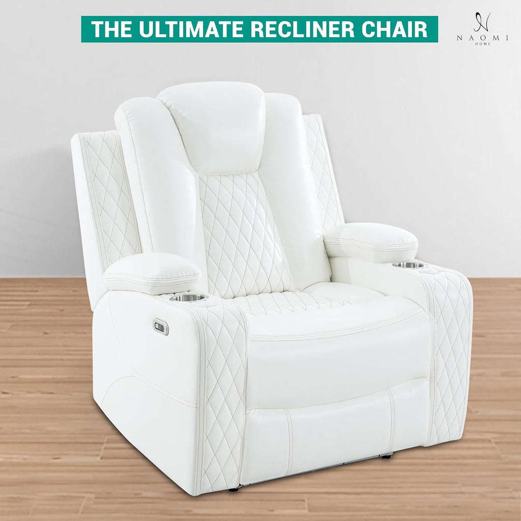 Naomi Home Chicago Power Recliner Chair with LED Lights, USB Charging Port, Adjustable Headrest, Cup Holders & Detachable Tray Tables, Faux Leather Home Theater Seating Recliner - White