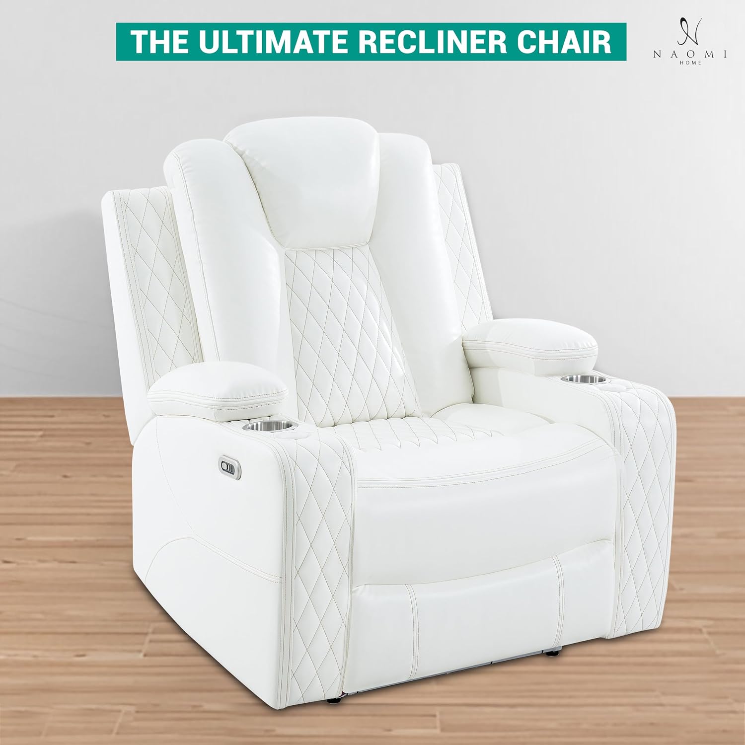 Naomi Home Chicago Power Recliner Chair with LED Lights, USB Charging Port, Adjustable Headrest, Cup Holders & Detachable Tray Tables, Faux Leather Home Theater Seating Recliner - White