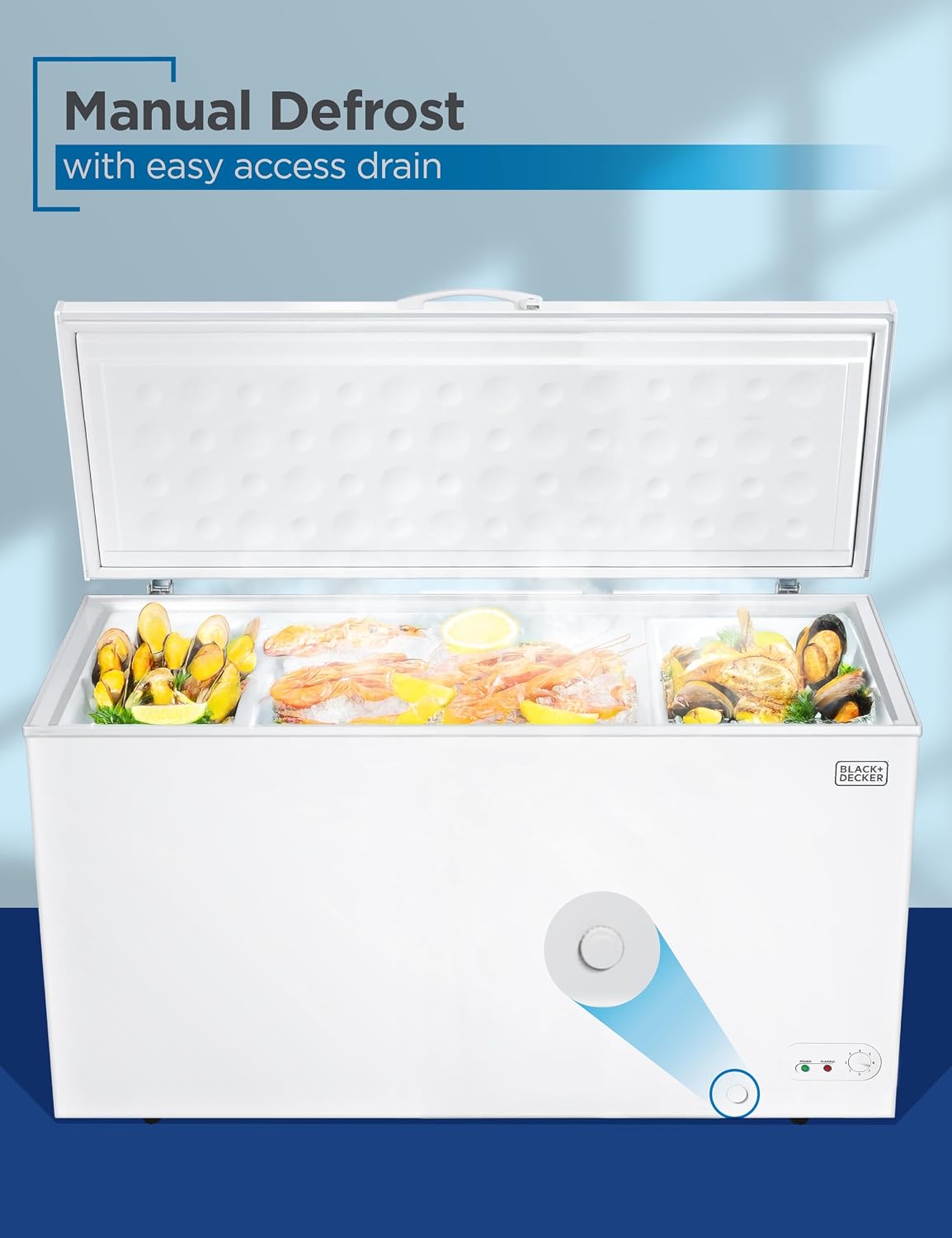 BLACK+DECKER 16.2 Cu. Ft. Chest Freezer, Deep Freezer with Top Opening, Freezer Chest with 2 Removable Storage Baskets, Mechanical Temperature Control, Manual Defrost,R600a Refrigerant, BCF1620E,White