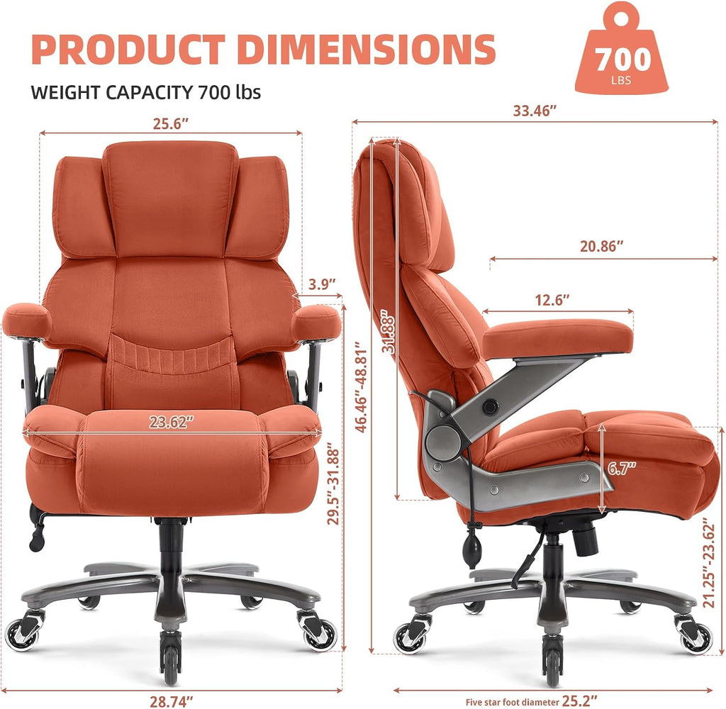 VUZI 700LBS Large Heavy Duty Office Chair with 3D Flip Arms, Big and Tall Plus Size Fabric Executive Desk Chairs, High Back Extra Wide Computer Chair with Adjustable Lumbar Support, Sturdy Metal Base
