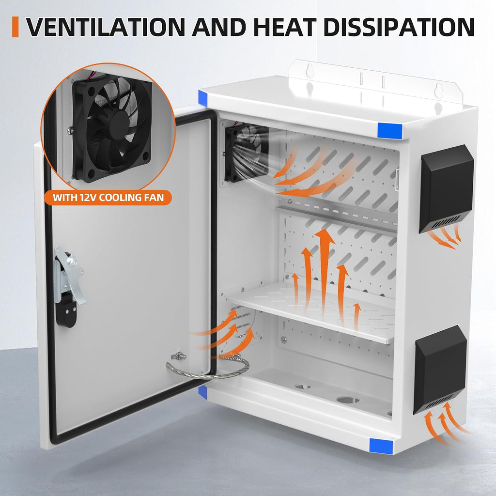 Joinfworld Outdoor Electrical Box 19.7'x15.7'x7.9' Metal Waterproof Vented Nema Enclosure with 12V Fan, Stainless Steel Junction Box with Cold Rolled Steel Plate Hinge Connection Din Rail