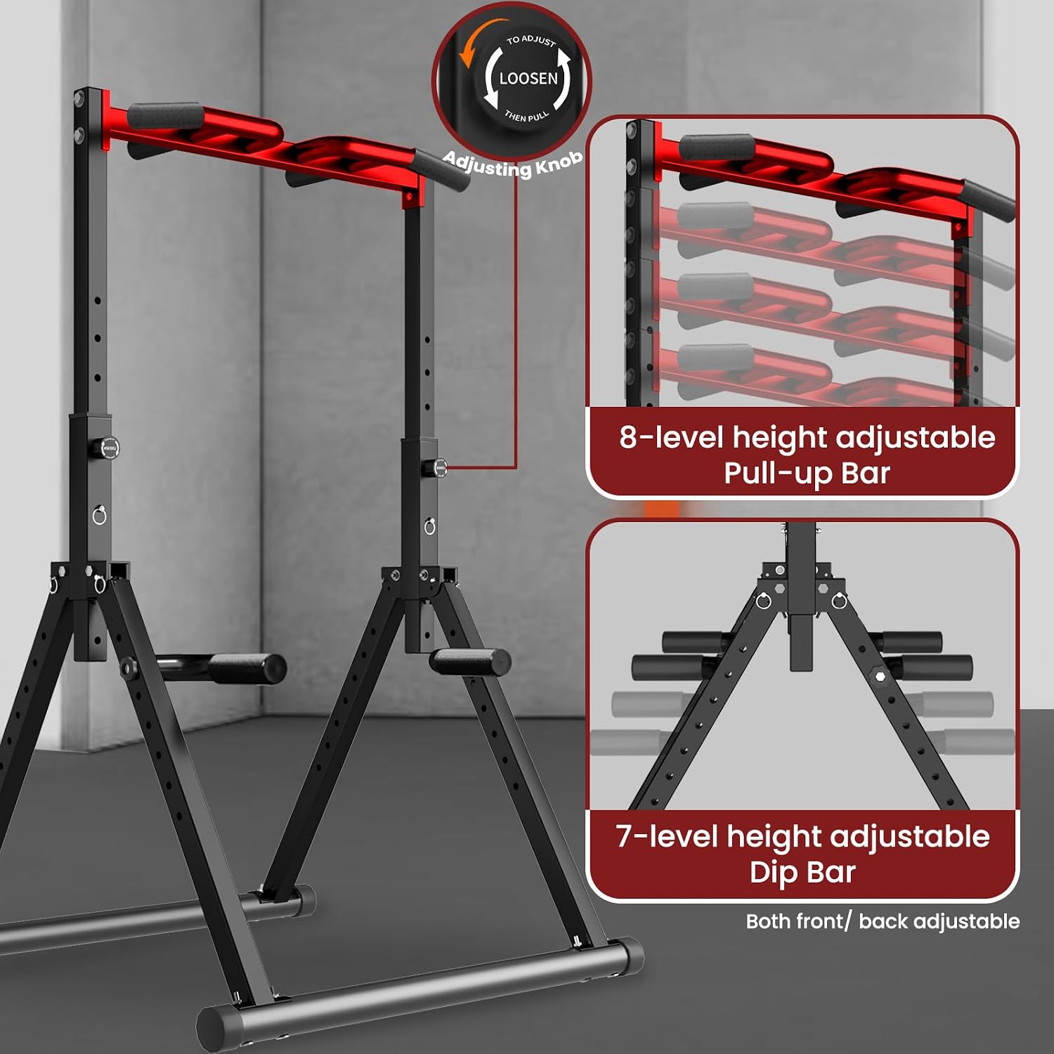 WATBKHE Power Tower Pull Up Dip Station Foldable, Pull Up Bar Station Adjustable, Multi-Function Home Gym, Strength Training Fitness Equipment, Triangular Design, for Home Outdoor