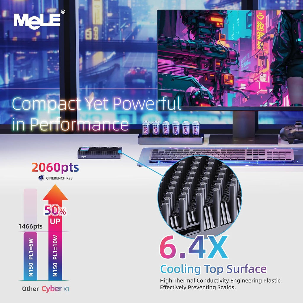 MeLE Mini PC Cyber X1 - N150, Fanless PC, 8GB RAM, 128GB Storage, 2.4/5G Wi-Fi, Full-Functional USB-C, 4K Triple Display Desktop on Home, Office, Education, Astrophotography