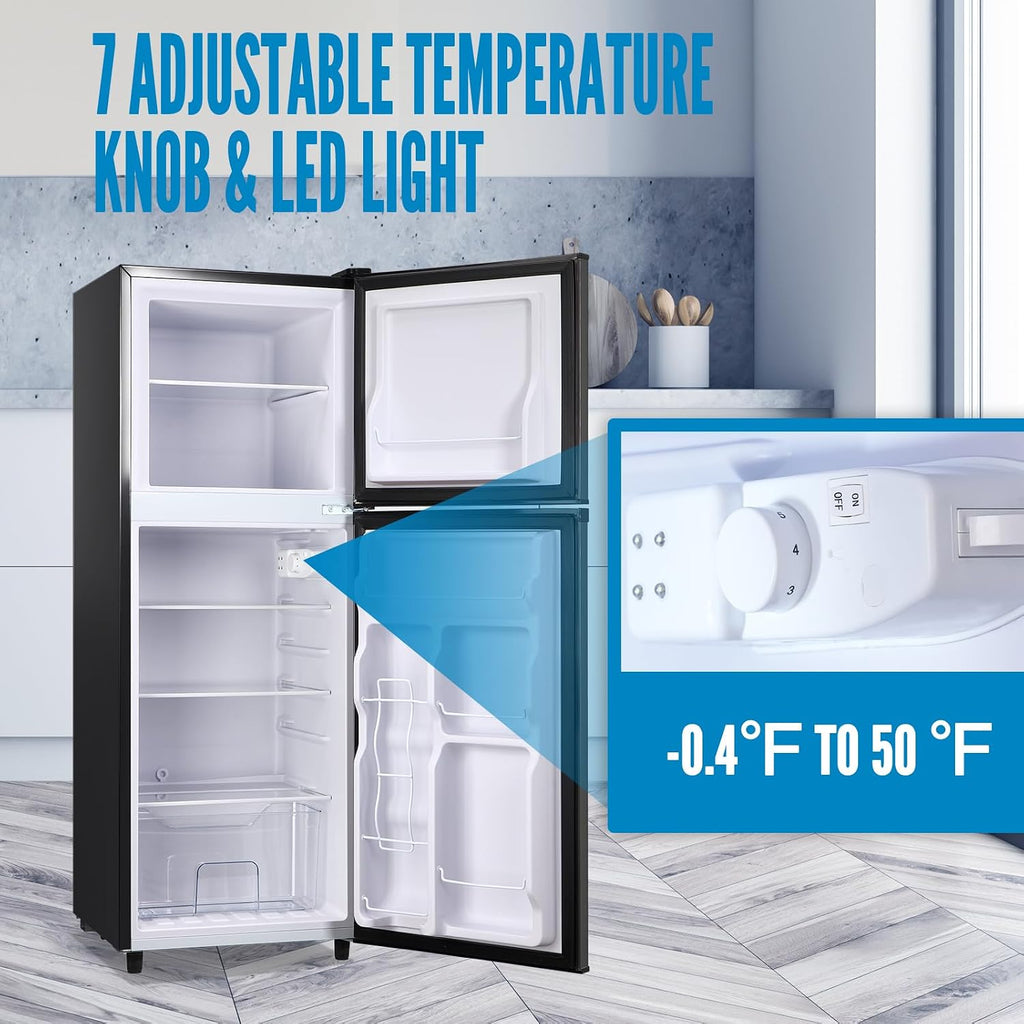 WANAI Large Capacity Fridge with Freezer, 5.0 CU.FT Refrigerator with 2 Door & 7 Gear Mechanical Control & Side Bottle Rack, LED Light, Ideal for Dorm, Kitchen, Apartment, Office, Dark Gray