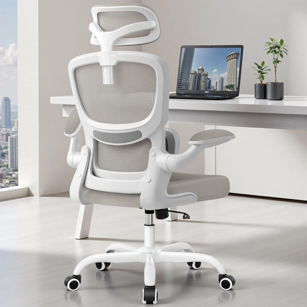 BESTFAIR High Back Ergonomic Office Chair, Breathable Mesh Desk Chair with Lumbar Support, Adjustable Headrest, Flip-up Armrests, Computer Gaming Chair, (LightGray)