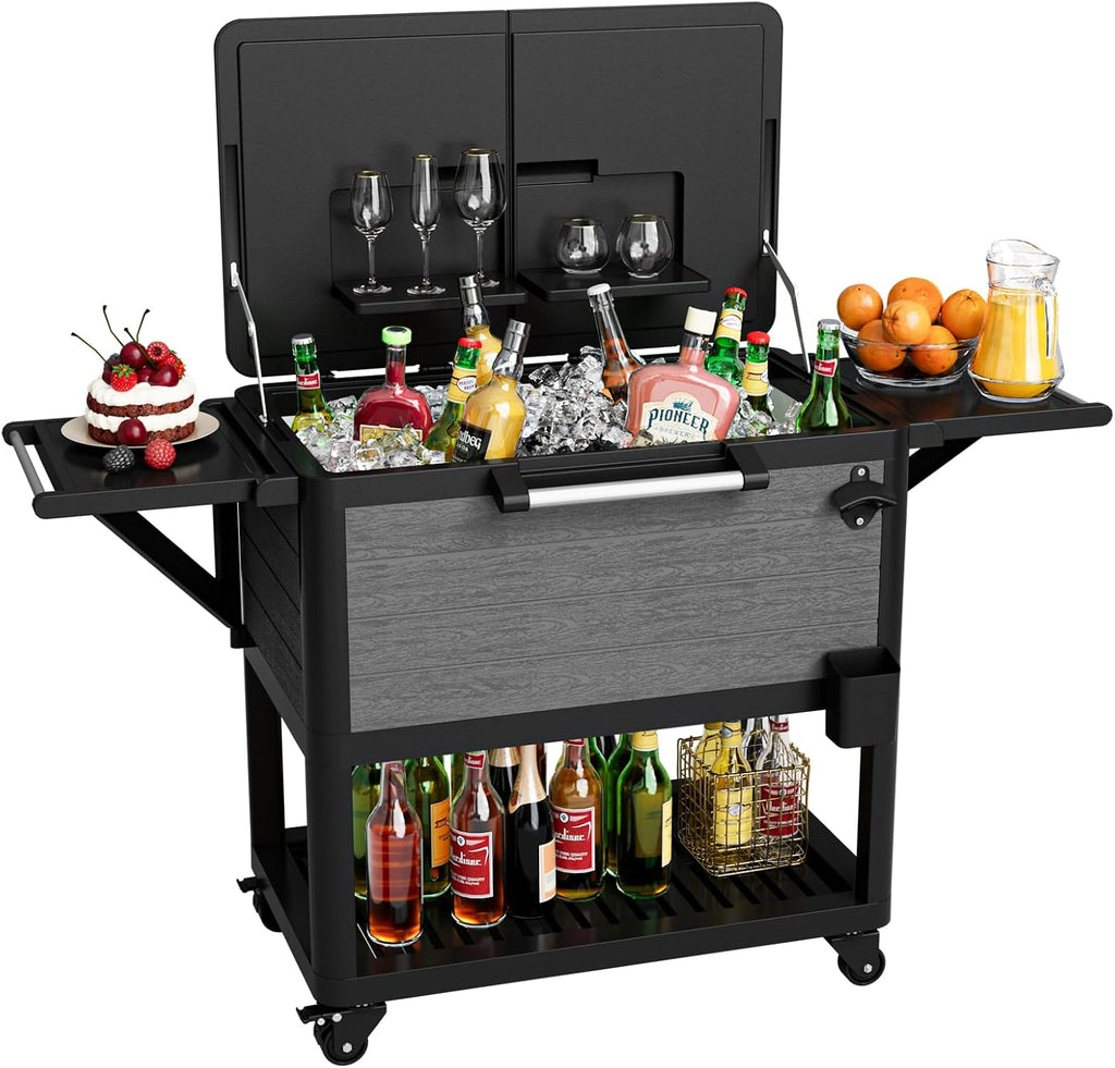 104 Quart Patio Rolling Ice Chest Large Cooler Cart with Wheels, Portable Mobile Outdoor Coolers Bar Cart with Storage Shelf & Bottle Opener for Drinks, Party, Camping, Backyard, Deck, BBQ