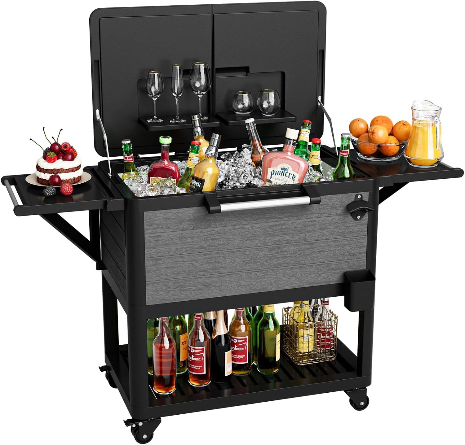 104 Quart Patio Rolling Ice Chest Large Cooler Cart with Wheels, Portable Mobile Outdoor Coolers Bar Cart with Storage Shelf & Bottle Opener for Drinks, Party, Camping, Backyard, Deck, BBQ