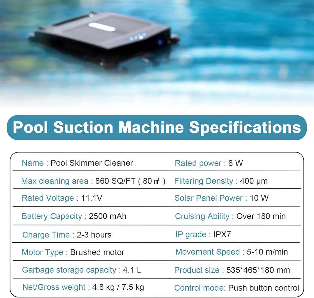 Solar Pool Skimmer Cleaner, Portable Floating Debris Pool Cleaner, Dual Charging Modes & Obstacle Avoidance, 2500 mAh Battery for Max Cleaning Area of 80 M², for Pool Parties