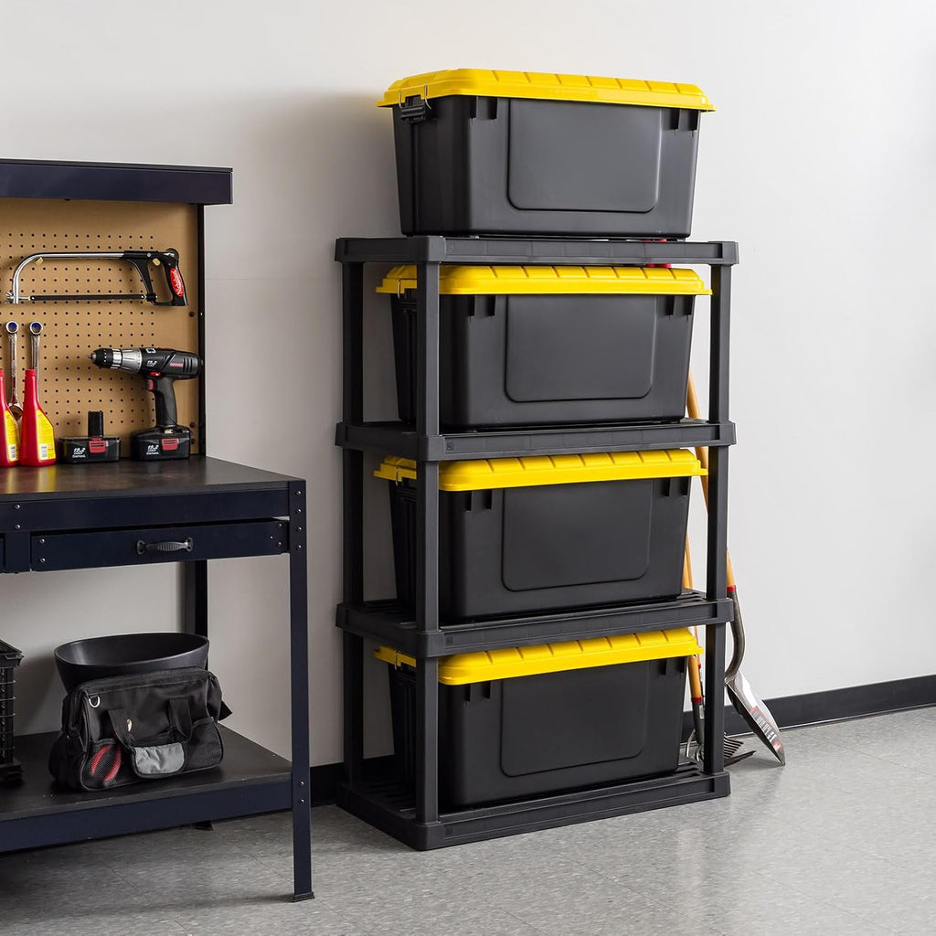 IRIS USA WeatherPro 21 Gallon Lockable Storage Bins with Lids, 4 Pack - Made in USA, Heavy Duty, Stackable Containers, Garage Organizing Tubs, Rugged Sturdy Equipment Utility Box - Black/Yellow