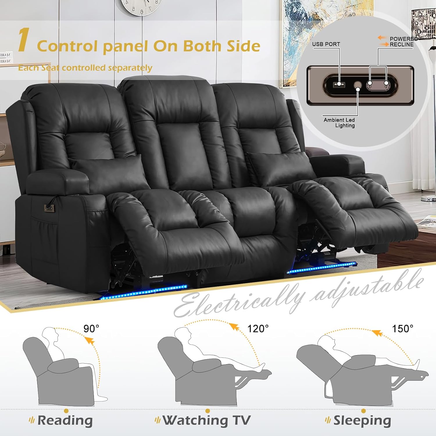 Loveseat Recliner Sofa, Leather Sofa with Massage & Heating, Home Theater Seating Power Reclining Loveseat with Outlet/LED Light/Cup Holders/Lumbar Pillows (Black, 3 Seat)
