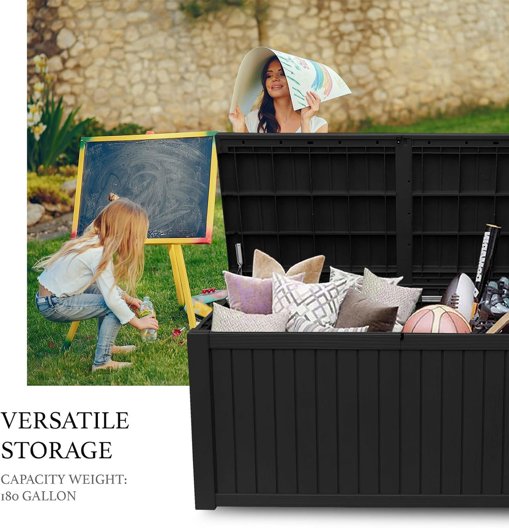 AJP Distributors 180 Gallon Outdoor Storage Box, Rain Waterproof Resin Deck Box, Lockable Large Storage Container for Patio Furniture, Cushions, Garden Tools, Sports Equipment and Pool Supplies Black