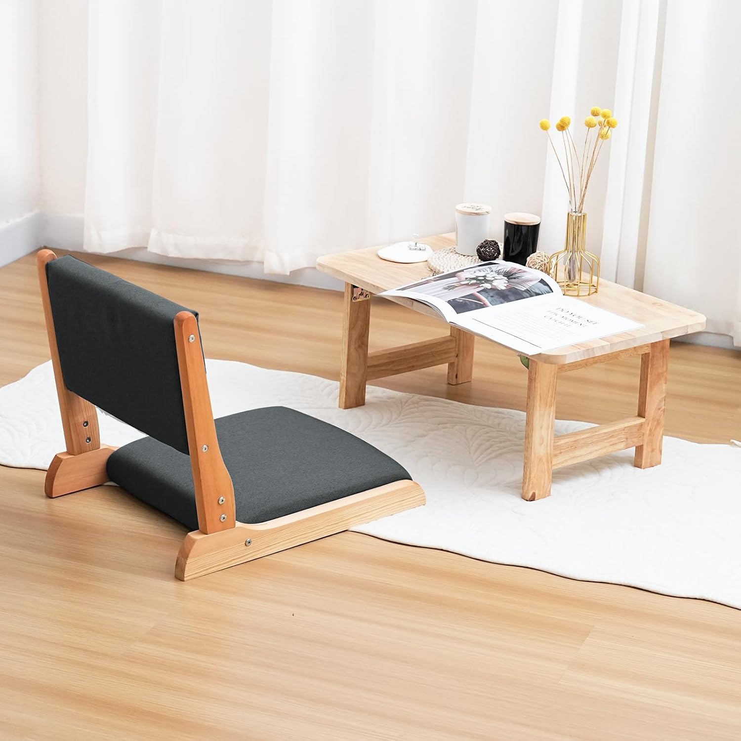 Japanese Floor Chair with Back Support, Foldable Meditation Chair, Legless Tatami Chair with Cushion, Floor Seat for Living Room, Bedroom, Bay Window (2, Black) (2, Black)