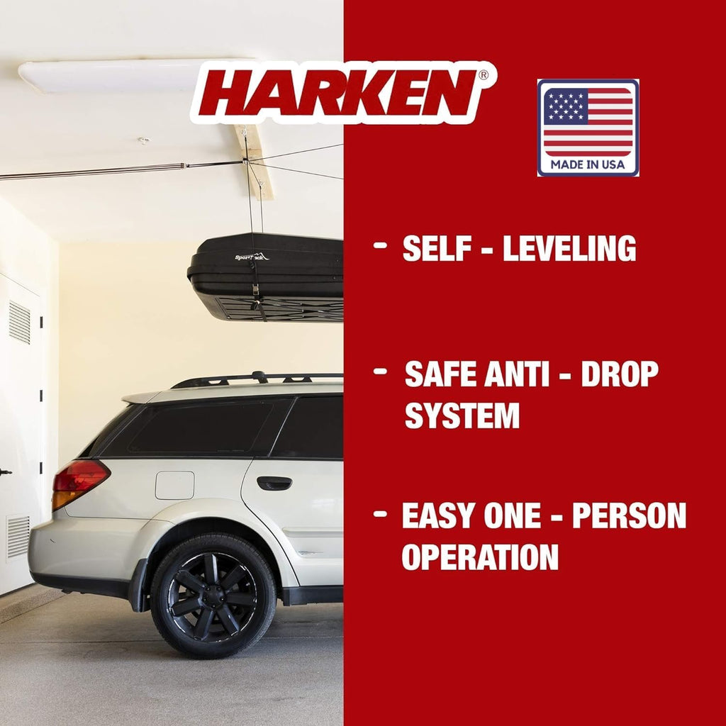 HARKEN Hoister Overhead Garage Storage Hoist System for Kayaks, Canoes, Surf & Paddle Boards, (60lb Capacity, 12ft Ceiling) Self-Leveling, Safe Anti-Drop, Easy One-Person Operation - Model 7801.12
