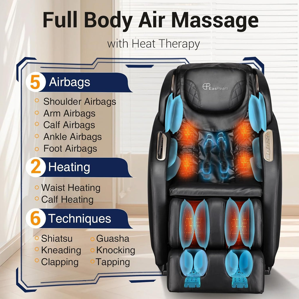 EASPEARL Massage Chair, Zero Gravity Massage Chairs Full Body with APP, Phone Holder, Waist and Calf Heat, Thai Stretch, Body Scan, USB Port, Bluetooth Speaker, Shiatsu Massage Recliner (Black)