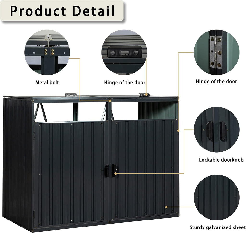【LuckyNote】 Garbage Bin Shed Stores 2 Trash Cans Metal Outdoor Bin Shed for Garbage Storage,Stainless Galvanized Steel, Bin for Garden Yard Lawn