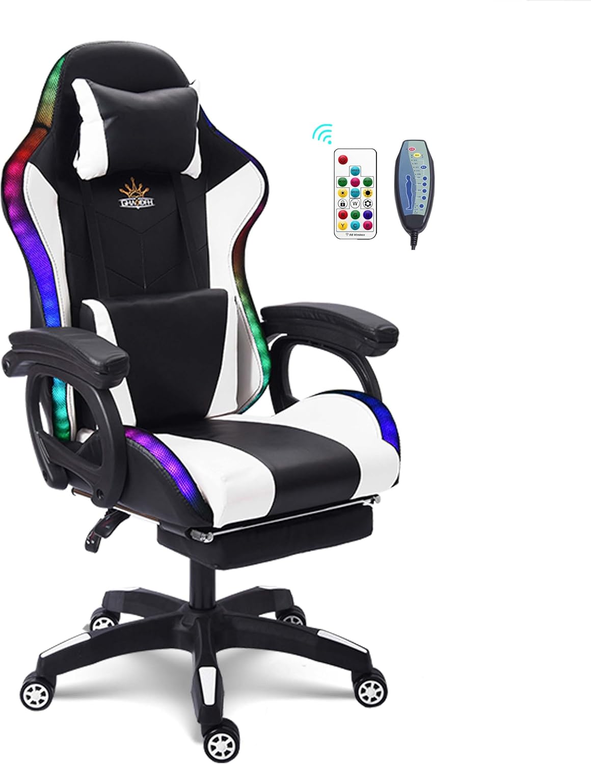 Ergonomic Massage Gaming Chair, Office Chair with Lumbar Support and Footrest, Video Gaming Chair with RGB Lights and Speakers, Adjustable Linkage Armrests and Backrest PC Chair,White