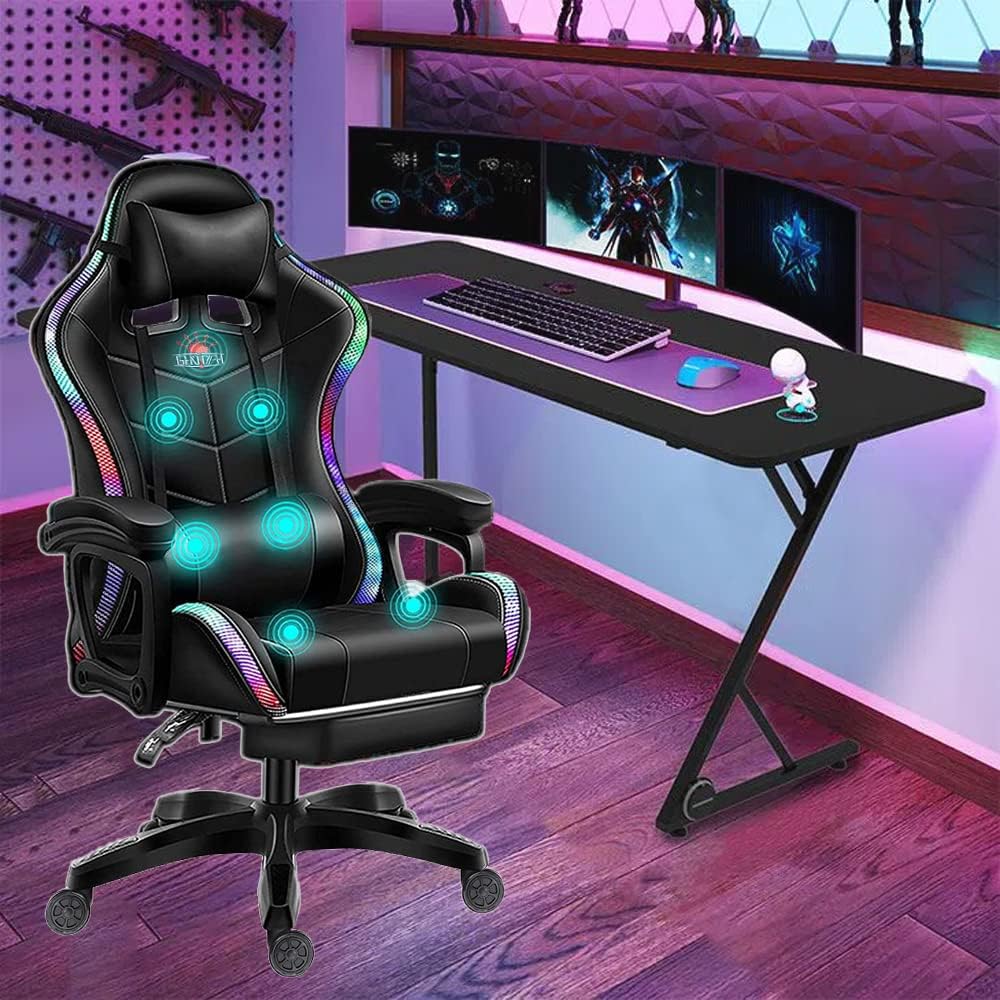 Ergonomic Racing Chair for Adults with LED Light High Back Gaming Chair with Massage and Speakers 360° Swivel Rocking Gamer Chair with Footrest for Office and College Dorm Essentials,Black…