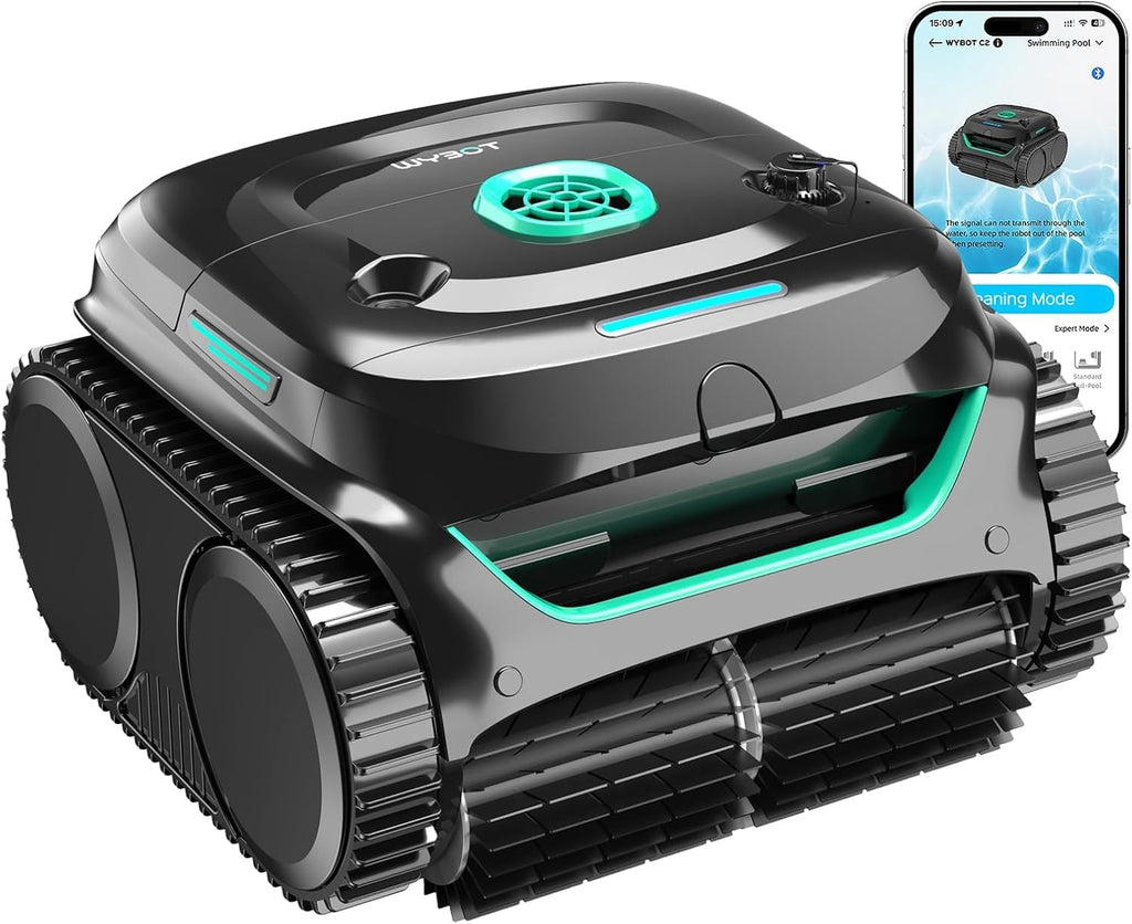 WYBOT C2 Cordless Robotic Pool Cleaner, Dual Filtration, Wall Climbing & Waterline Cleaning, App Scheduling, Smart Navigation, Pool Vacuum for Inground Pools up to 2152 Sq.ft-Black&Green