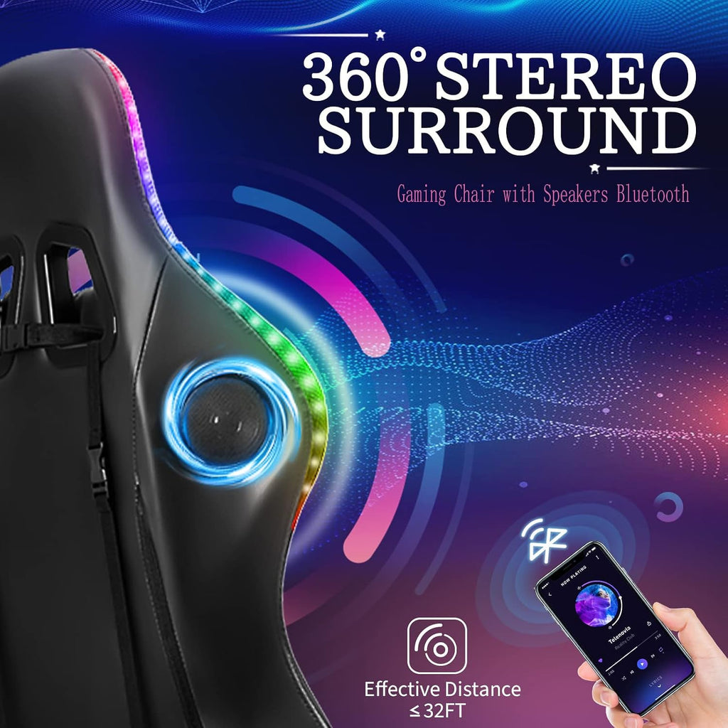 Gaming Chair Massage with Bluetooth Speakers and Led Lights Ergonomic Computer Gaming Chair with Footrest RGB Video Game Chair with High Back Lumbar Support,Pink