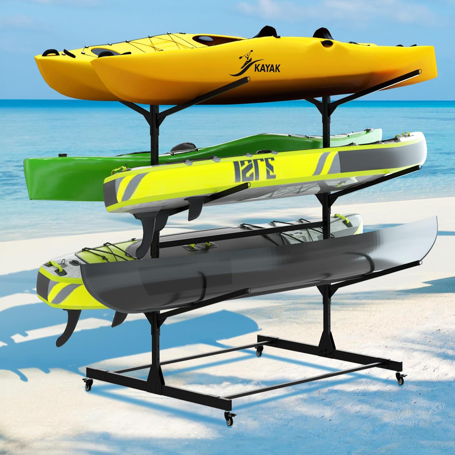 RELIANCER Freestanding Kayak Storage Rack w/Wheel,Adjustable Kayak Stand for Boat Dock,Garage,Indoor & Outdoor Canoe and Kayaks Holder,Water Sport Watercraft Storage Rack for SUP,Surfboard