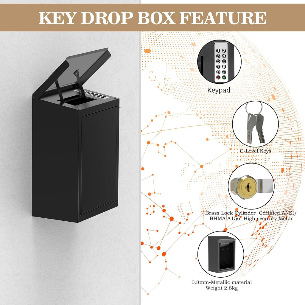 Key Drop Box with Smart Lock for Outside Wall Mount, Key Return Box for Automotive,Anti-Thief & Waterproof Design for Outdoor, Heavy-Duty Secure Storage Box for Hotel,Car Rental