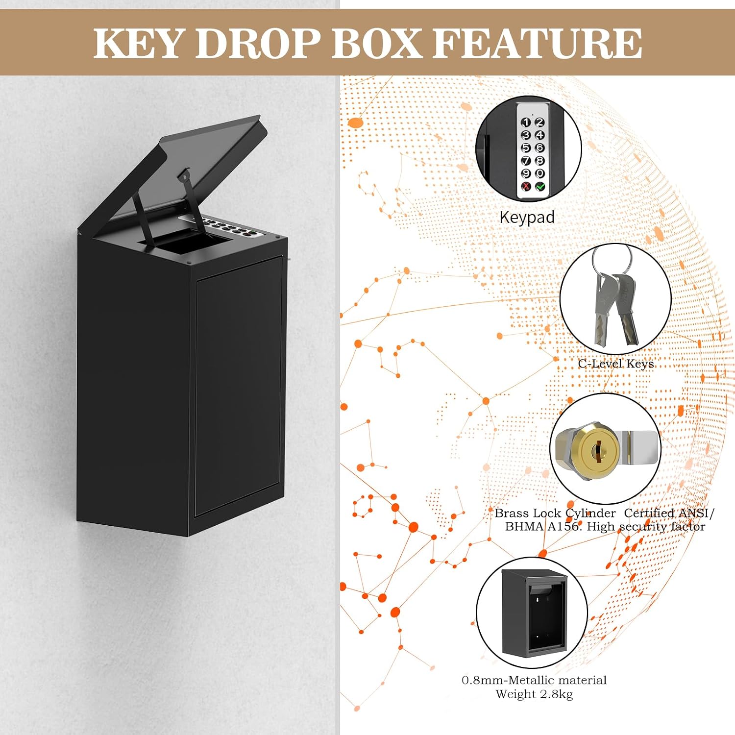 Key Drop Box with Smart Lock for Outside Wall Mount, Key Return Box for Automotive,Anti-Thief & Waterproof Design for Outdoor, Heavy-Duty Secure Storage Box for Hotel,Car Rental