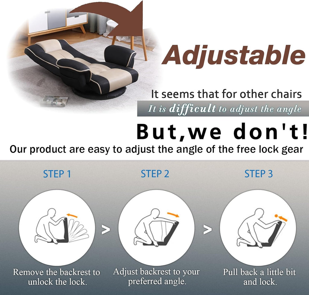 360 Degree Swivle Adjustable Floor Chair, Chaise Lounge Indoor, Folding Lazy Sofa with Armrests and Side Pocket Adults Gaming Chairs for Living Room, Bedroom Factory Price 201 (BK-CO)
