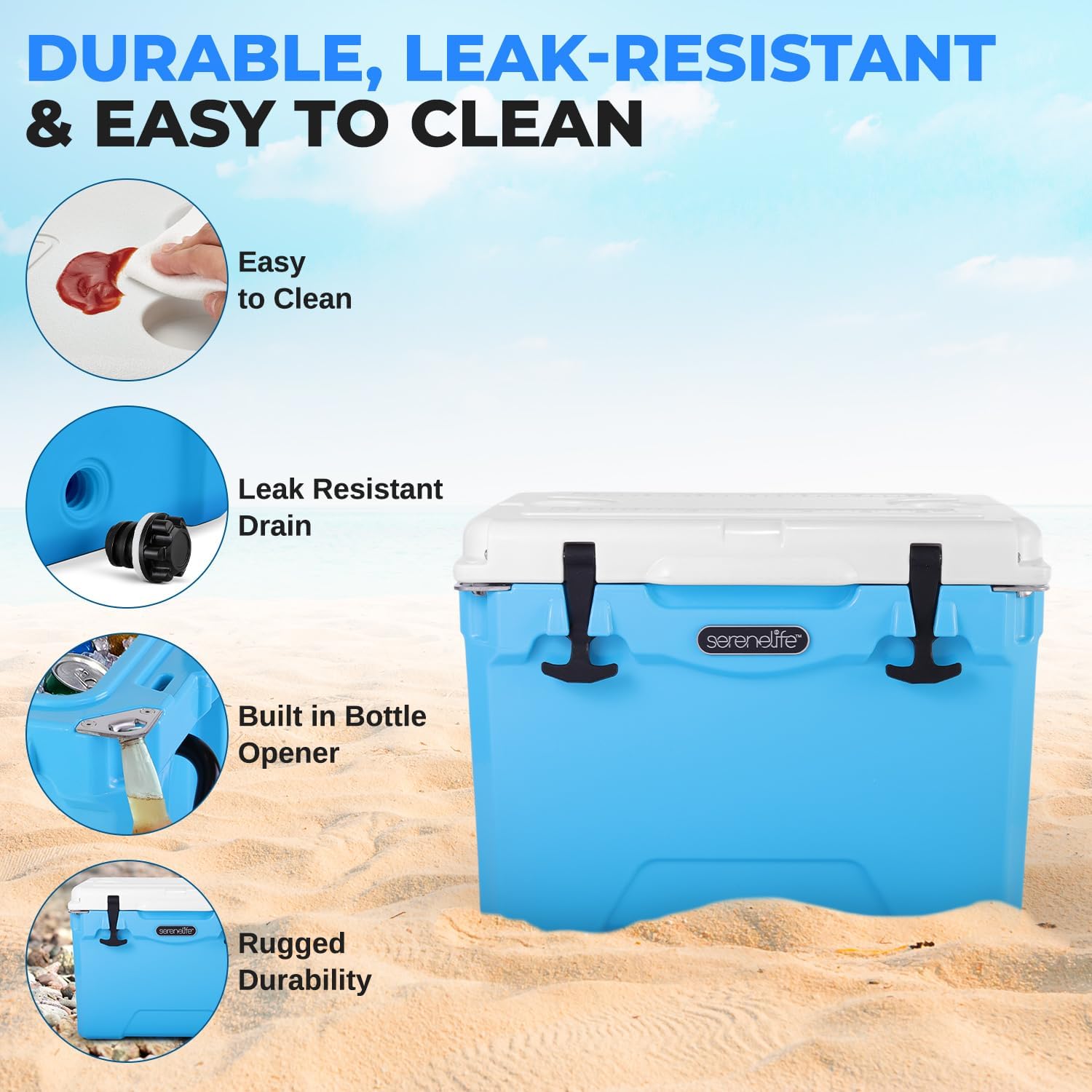 SereneLife Ultra-Tough 25-75 Quart Rotomolded Cooler Box, Holds Upto 64 Cans, Keeps Ice Up to 5 Days, Heavy-Duty Insulated Portable Ice Chest Box, Ideal for Camping, Beach, Picnics, Tailgating, etc