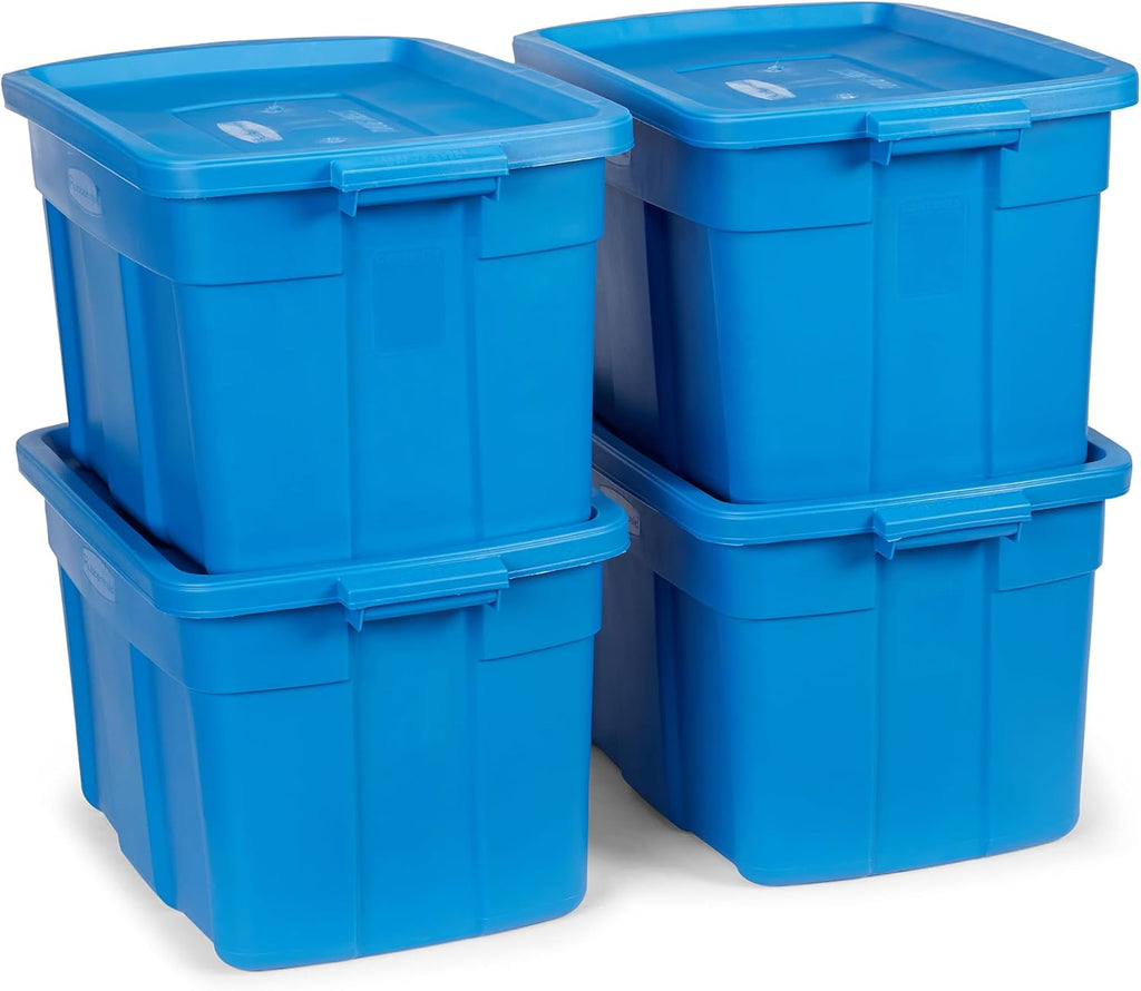 Rubbermaid Roughneck Tote 25 Gal, 4 Pack, Made in USA, Heritage Blue, Rugged Plastic Stackable Storage Bins with Lids and Handles
