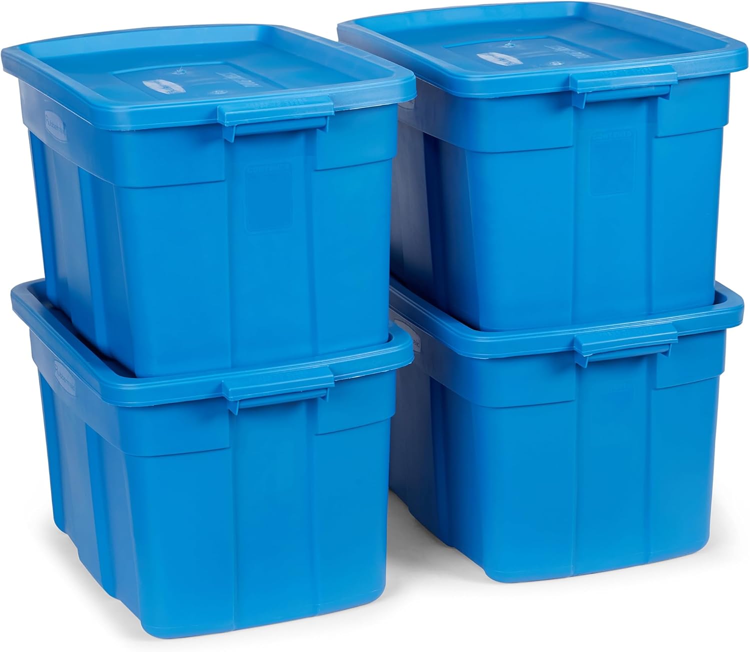 Rubbermaid Roughneck Tote 25 Gal, 4 Pack, Made in USA, Heritage Blue, Rugged Plastic Stackable Storage Bins with Lids and Handles