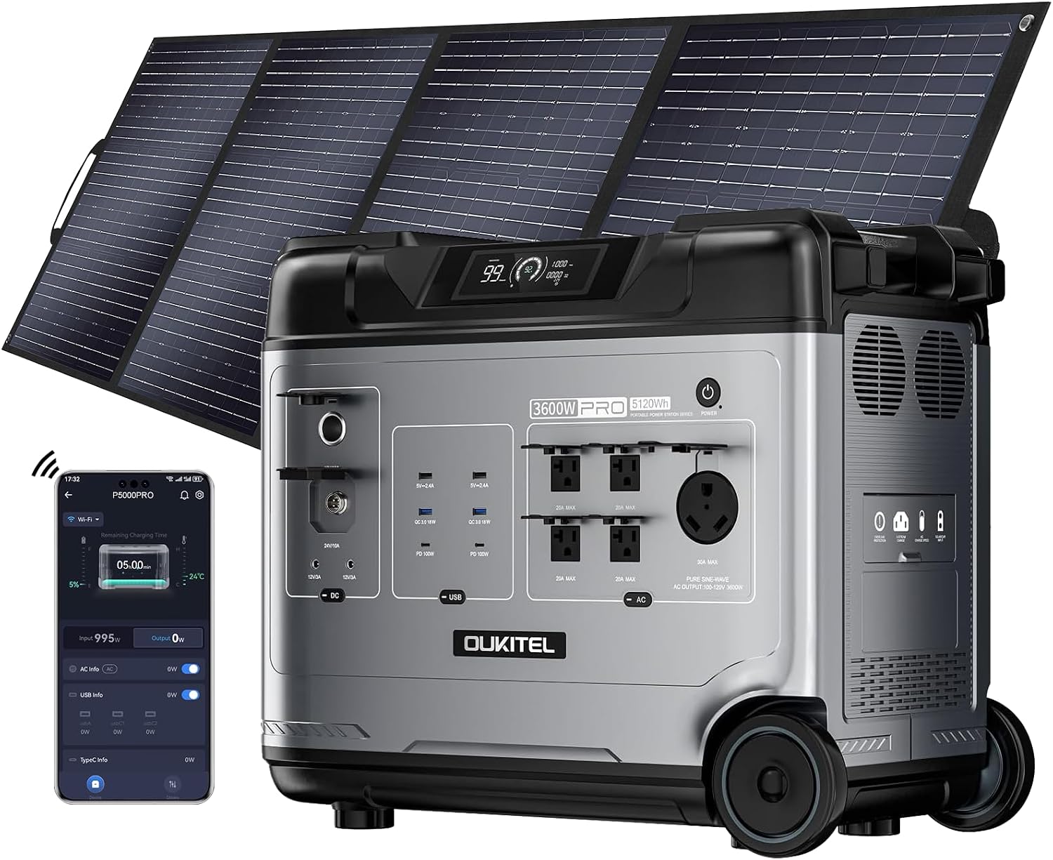 OUKITEL 5120Wh Large Capacity Solar Generator,Portable Power Station P5000 Pro With 400W Solar Panel, 5x3600W AC Output (6000W Surge),1000W MPPT Solar for Emergency, Home Backup, RV, Camping