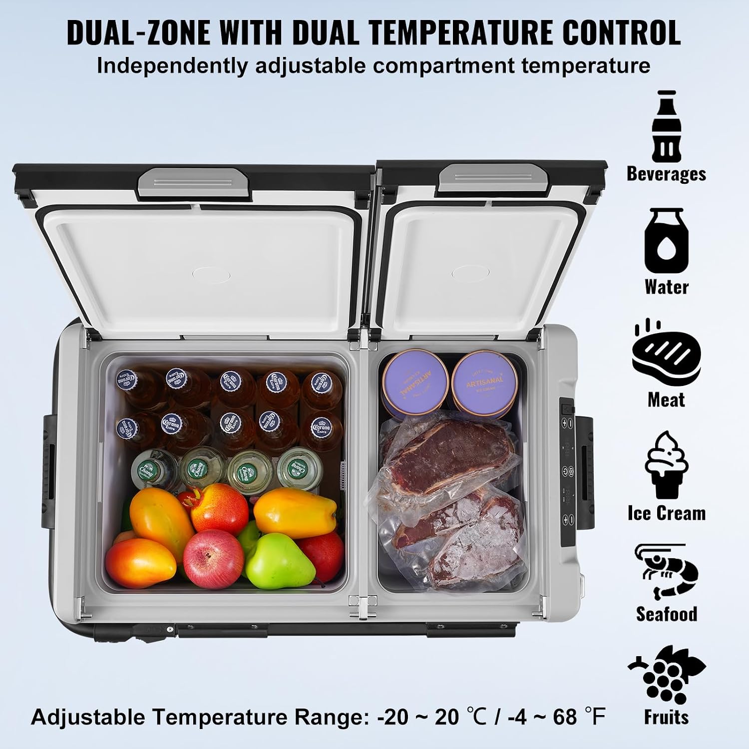 VEVOR Car Refrigerator 58L / 61.5 QT, Dual Zone 12 Volt Compressor Fridge, -4℉ to 68℉ Adjustable, Portable Freezer Cooler for Car, RV, Camping, Home