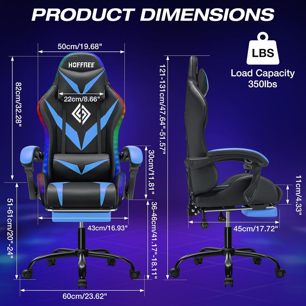 HOFFREE Gaming Chair with Massage and LED Lights Ergonomic Video Game Chairs with Footrest High Back Reclining Computer Chair with Adjustable Lumbar Support Blue and Black