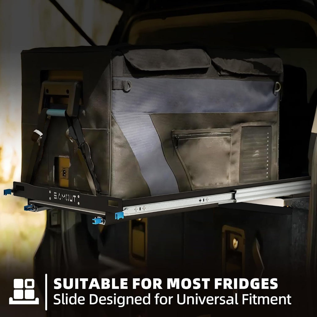 SAMOUT Fridge Slide with Chopping Board, Inner 39.2 x 22.4in, Vehicle Refrigerator Slider with 4 Buckle Straps, Max 287 LBS, 3rd Gen