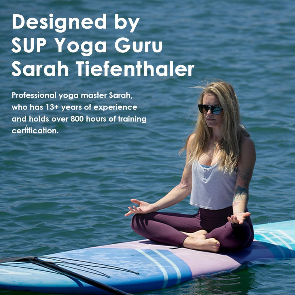 Abrazo YOGAqua 10'6' x 34' x 5' Rigid Stand Up Paddle Board, Extra Wide Hardboard Designed by Yoga Guru, Versatile Yoga SUP with Paddle/Ankle Leash/Bottom Fin, Non-Slip EVA Deck, Encased in Fiberglass
