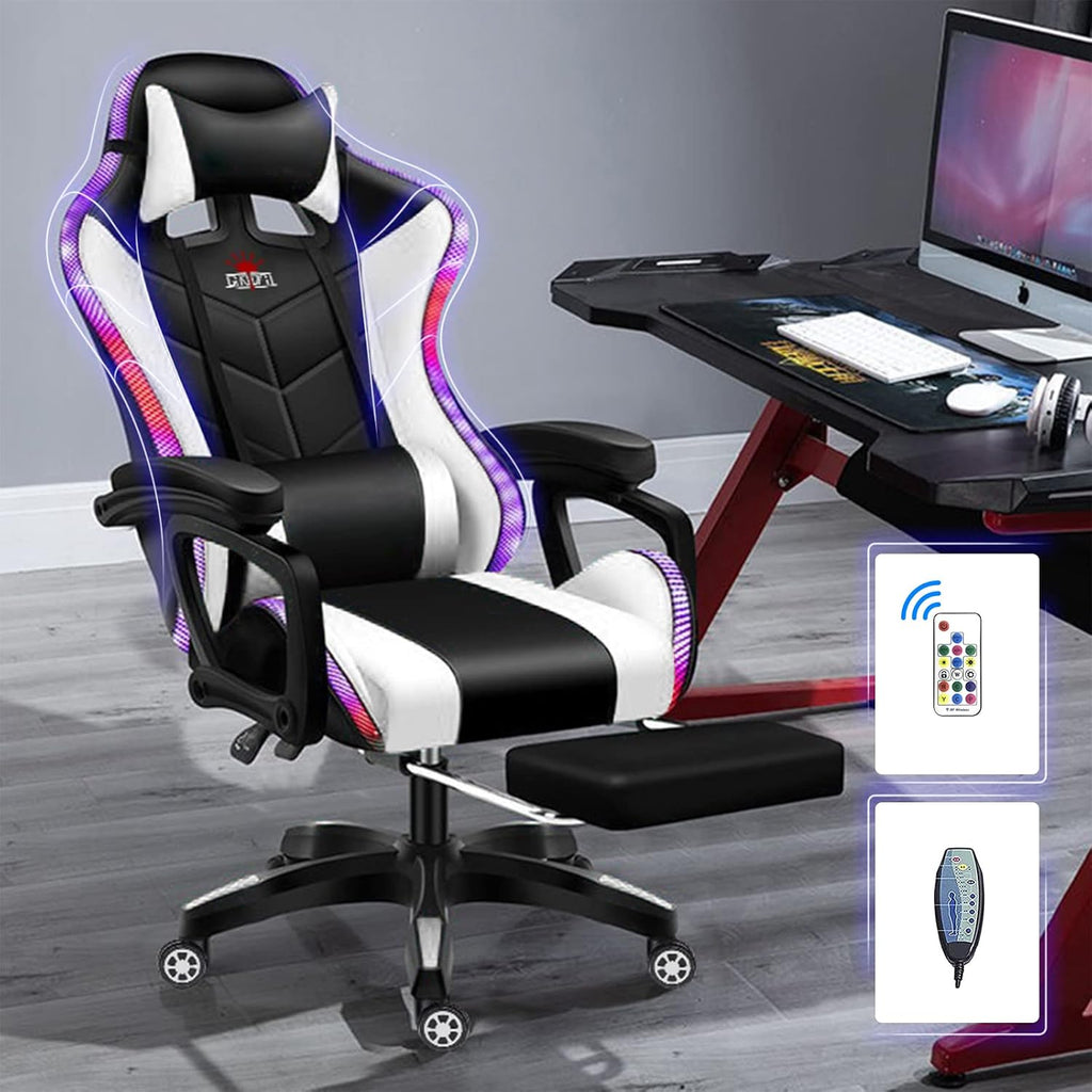 Massage Gaming Chair Racing Computer Desk Office Chair,with speakers and LED Linghts, with Headrest Lumbar Support footrest and Adjustable Armrests,360° Swivel 135° Reclining , 300LB Metal Base,White
