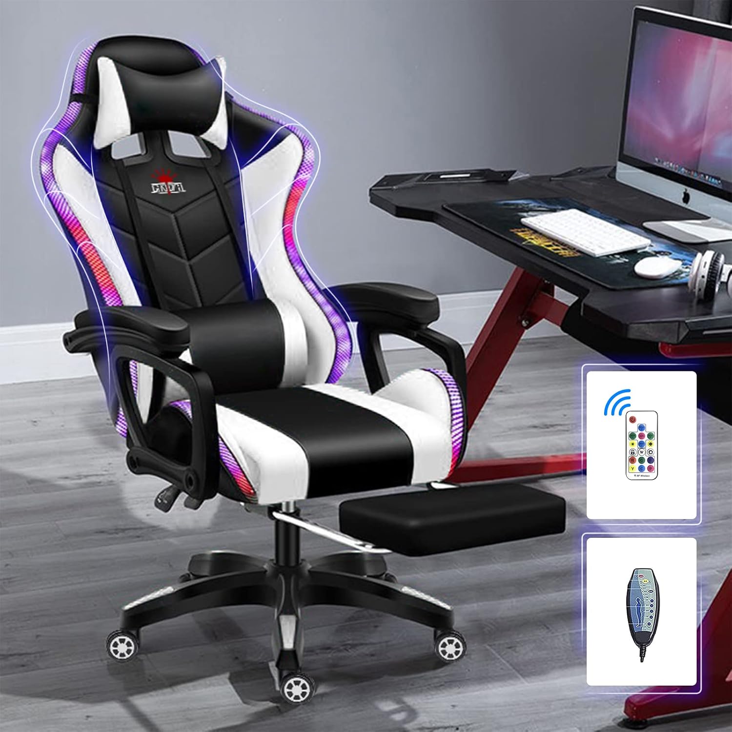 Massage Gaming Chair Racing Computer Desk Office Chair,with speakers and LED Linghts, with Headrest Lumbar Support footrest and Adjustable Armrests,360° Swivel 135° Reclining , 300LB Metal Base,White