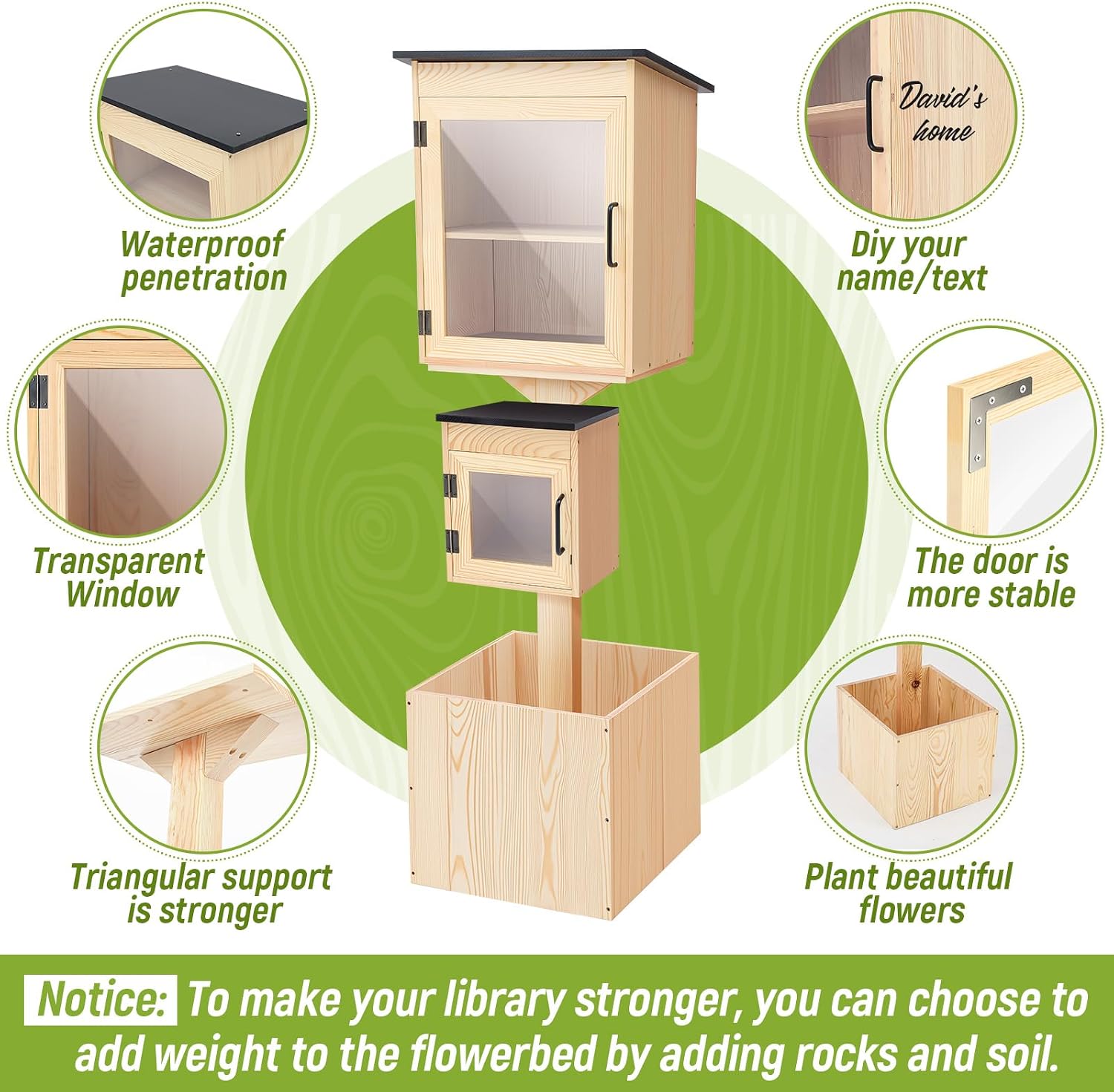 Wonderjune Little Library Box Outdoor Weatherproof Solid Wood Double Book Exchange Box with Pillar-Mounted Mini Library, Floor Plugs & Flower Fence for Community Neighborhood School(Natural Wood)