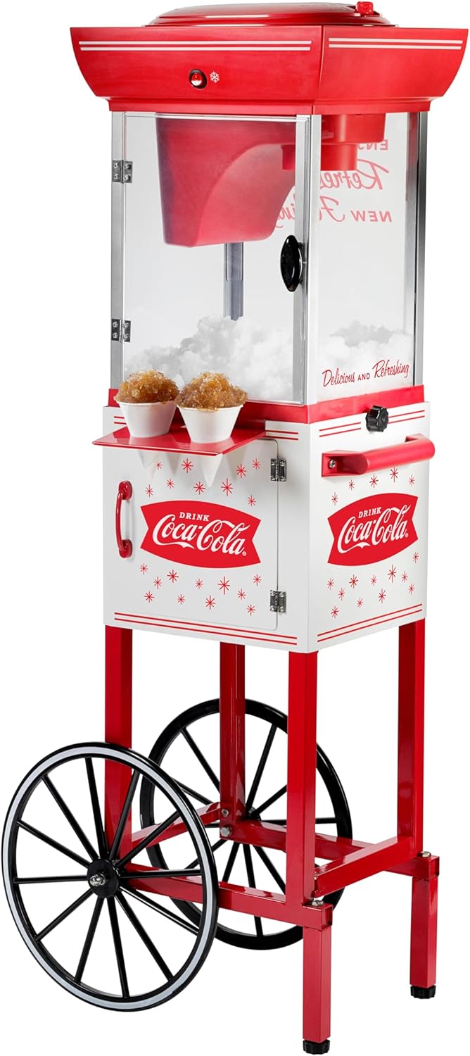 Nostalgia Coca-Cola 48-Inch Tall Snow Cone Cart, Makes 48 Icy Treats, Includes Metal Scoop, Storage Compartment, Wheels For Easy Mobility – Coke Red