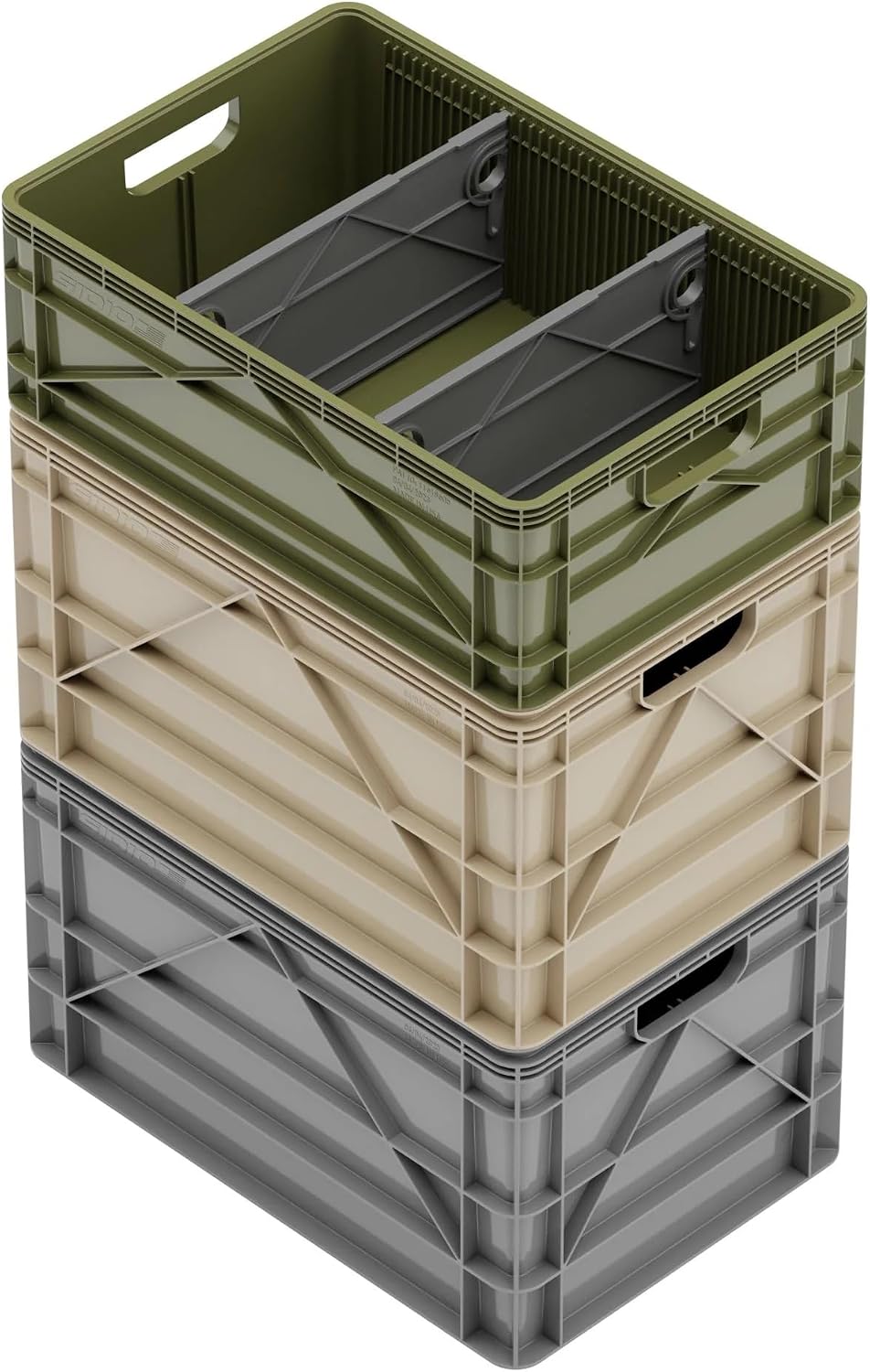 SIDIO Crate Basic Pack - 2 Full-Size & 1 Half-Size Heavy Duty Stackable Storage Bins, Totes, Containers with Dividers - Durable Organizer for Home, Office, Garage, and Outdoor Use, Camo Variety Pack