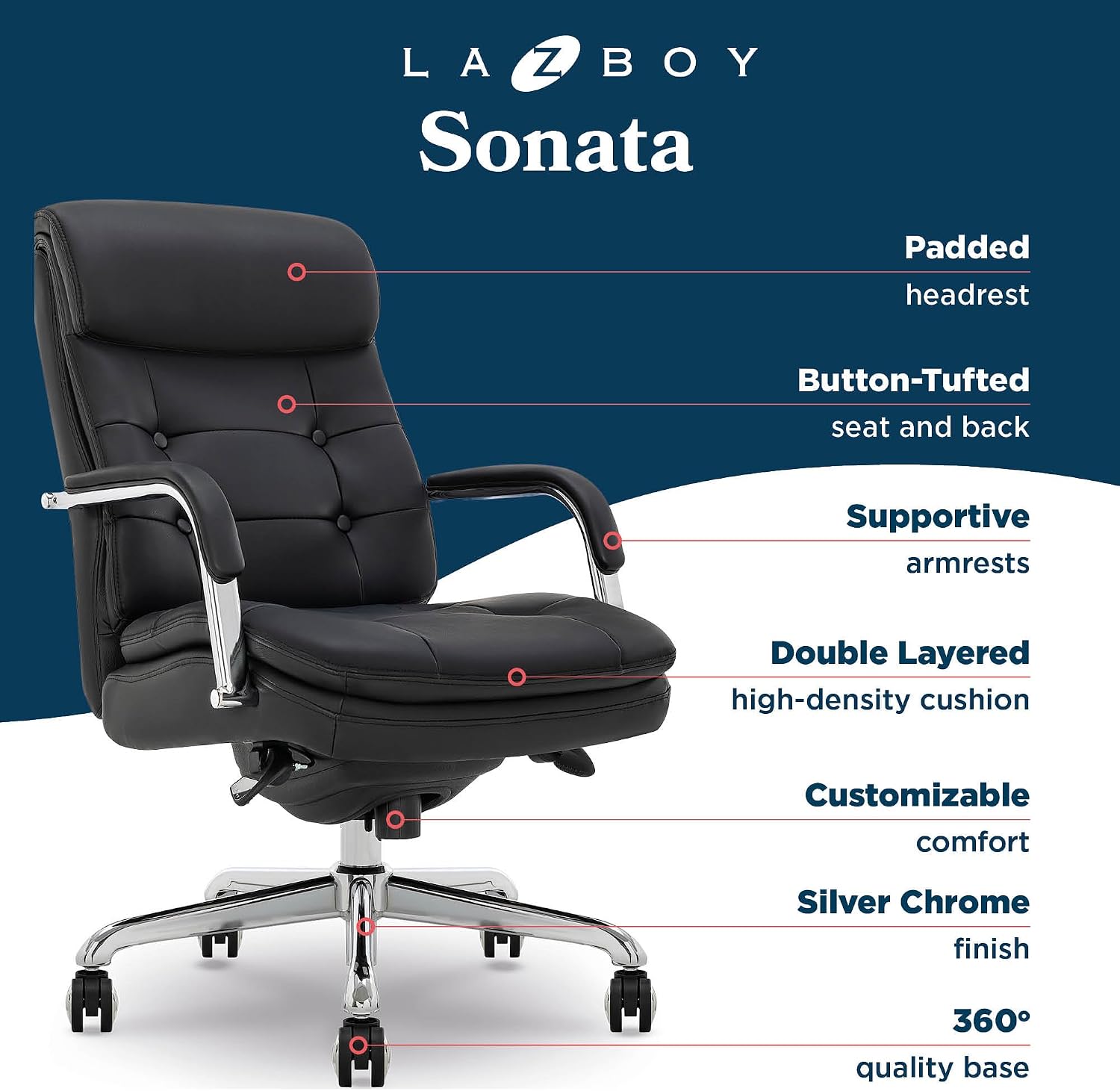 La-Z-Boy Sonata Executive Mid-Back Office Chair, Button-Tufted Seat and Back, Double-Layer Cushion, Padded Armrests, Ergonomic Computer DeskChair, Swivel Metal Base, Bonded Leather, Black/Chrome