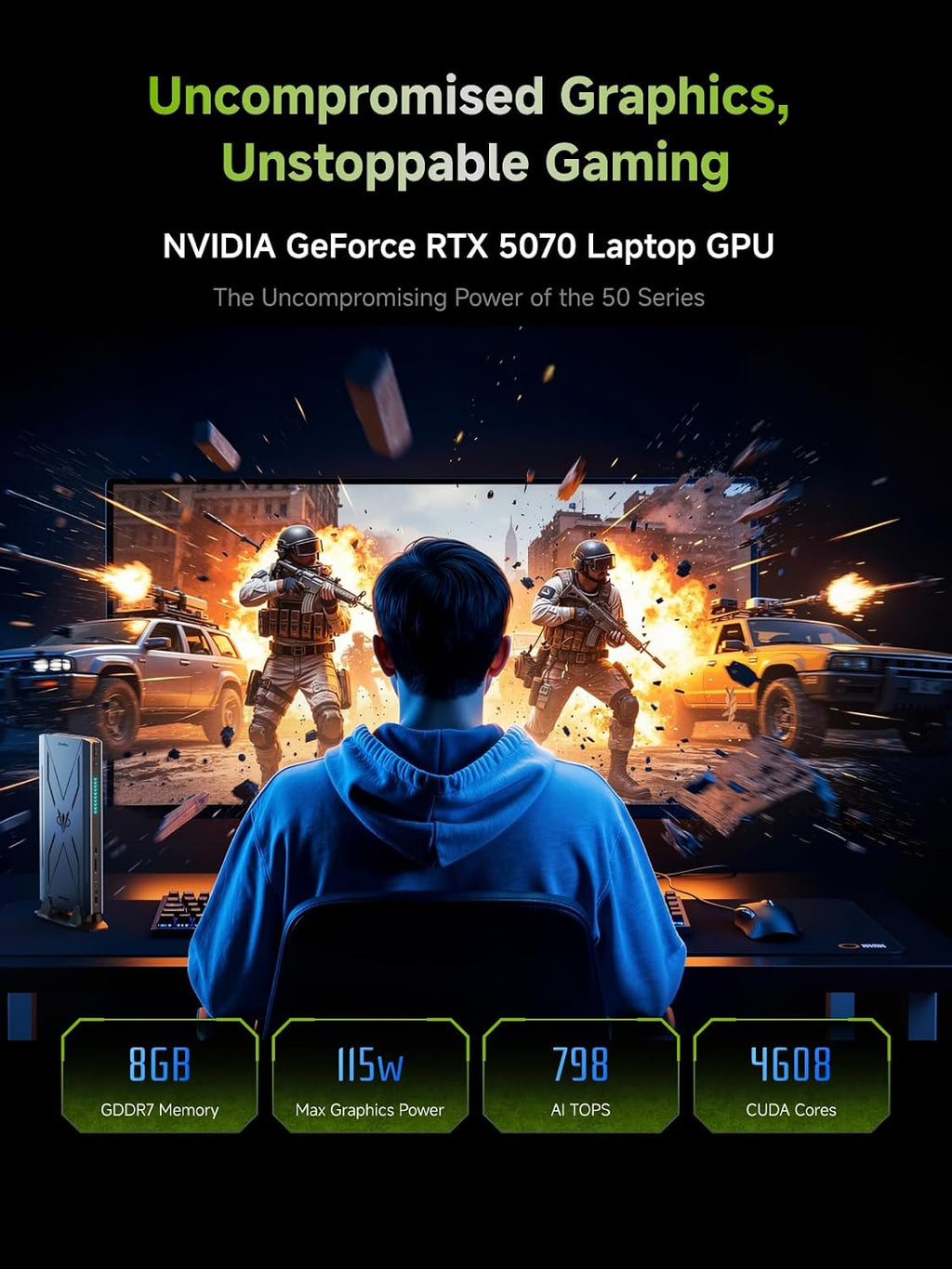 MINISFORUM G7 Pro Gaming Mini PC, Intel Core i9-14900HX (24C/32T, up to 5.8GHz), RTX 5070 Laptop GPU 8GB GDDR7 (DLSS 4), 32GB DDR5, 1TB SSD, PCIe 5.0, Wi-Fi 7, USB4, HDMI 2.1, RGB