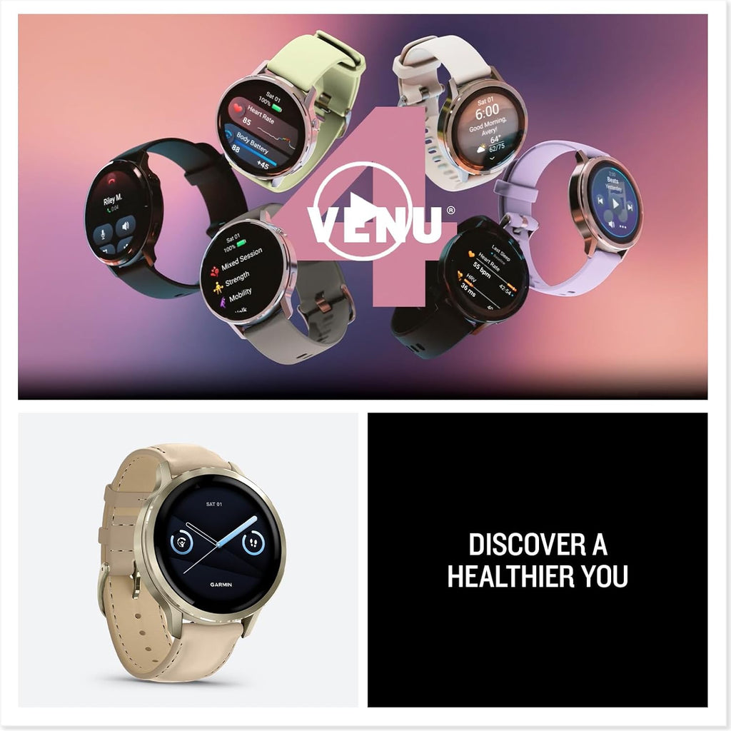 Garmin Venu® 4, 41mm, Advanced Health and Fitness GPS Smartwatch, Bright Colorful Display,Built-In Flashlight,10 Days of Battery Life,Lunar Gold/Bone Silicone Band and Light Sand Leather Band -2 bands