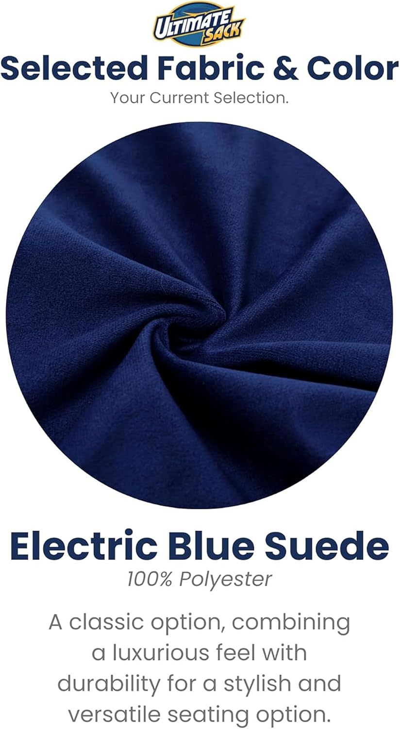 ULTIMATE SACK 6000 6-Foot Bean Bag Chair with Footstool, Electric Blue Suede Cover – Oversized Foam Lounger, Floor Seat, Small Sofa, or Couch Bed for Living Area, Gaming Room, or Reading Lounge
