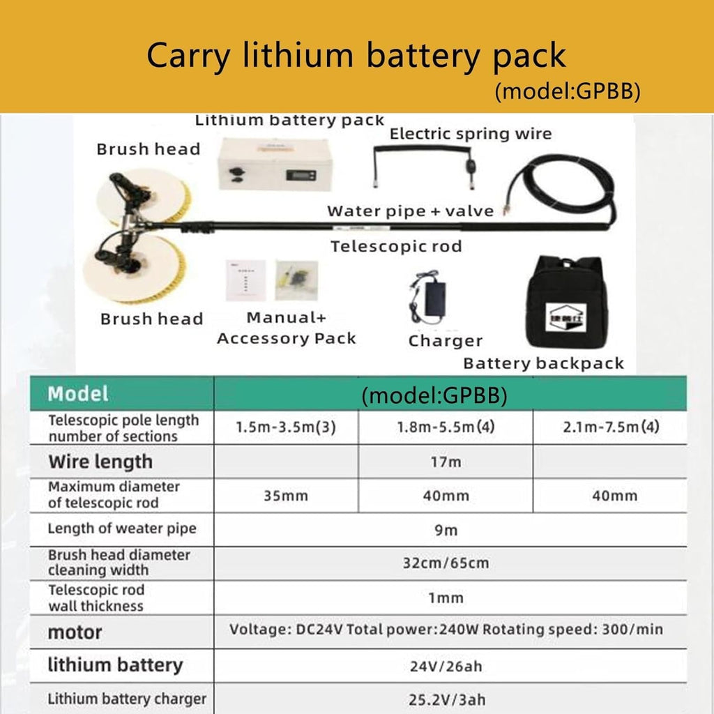 Electric Solar Panel Cleaning Brush Dual Head, Telescopic Rod PV Panel Wash Cleaning Machine, Double Head Equipment Solar Cleaner Robot,Electric Water Fed Pole Kit (Gpbb3.5m)