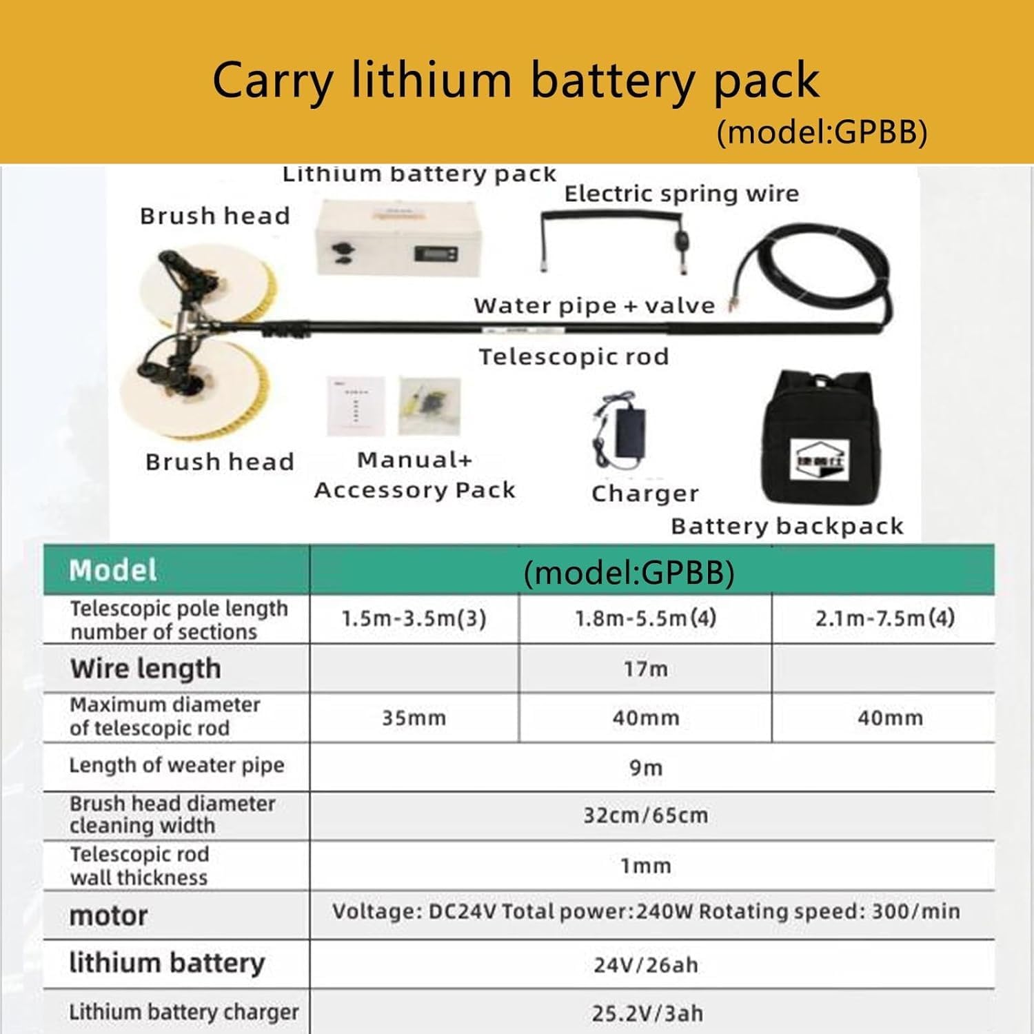Electric Solar Panel Cleaning Brush Dual Head, Telescopic Rod PV Panel Wash Cleaning Machine, Double Head Equipment Solar Cleaner Robot,Electric Water Fed Pole Kit (Gpbb7.5m)