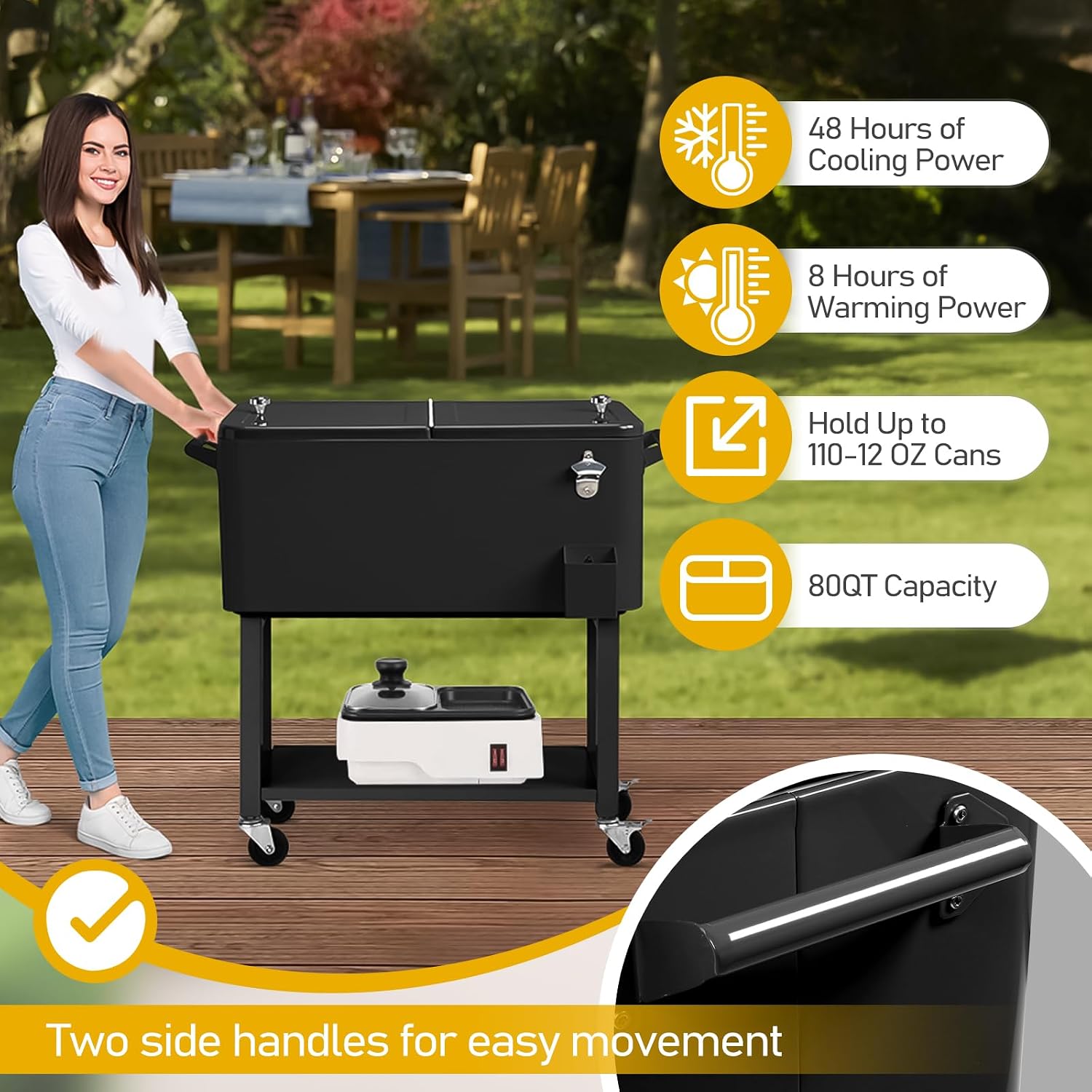 Outvita 80 Quart Rolling Ice Chest, Portable Bar Drink Cooler with Catch Basin, Bottom Storage Tray and Bottle Opener for Patio Party BBQ Beach Activities